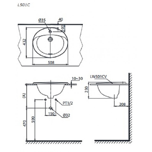 Bản vẽ kỹ thuật Lavabo chậu rửa mặt Toto L501C#W bán âm: