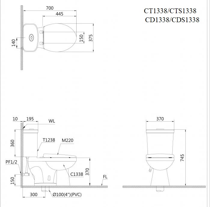 Bồn cầu 2 khối Caesar CD1338 xả 2 nhấn nắp thường