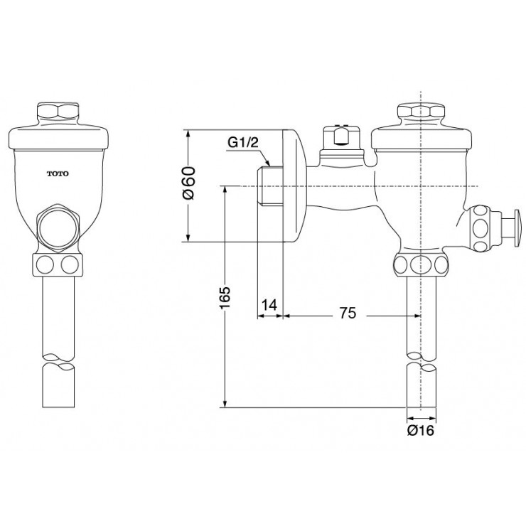 Bản vẽ kỹ thuật Xả tiểu Toto T60S xả nhấn