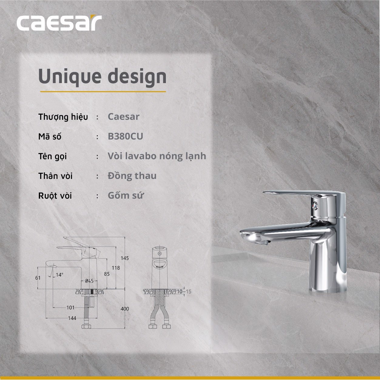 Vòi lavabo chậu rửa mặt Caesar B380CU nóng lạnh kèm nút xả nhấn