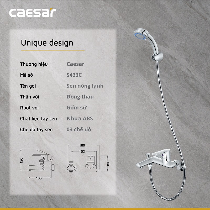 Bản vẽ kỹ thuật Vòi sen tắm nóng lạnh Caesar S433C