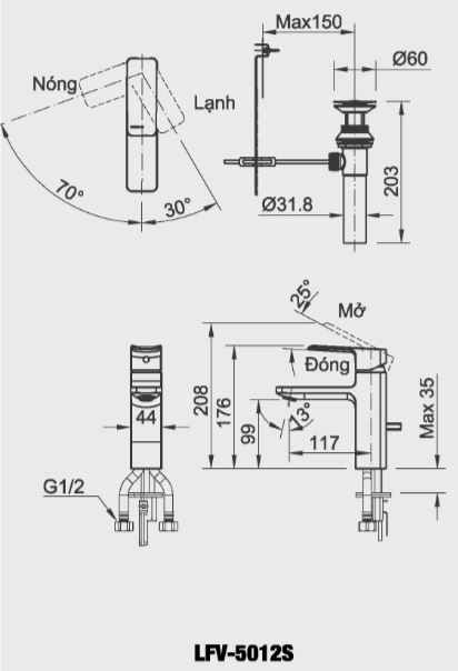 Bản vẽ kỹ thuật Vòi lavabo chậu rửa mặt Inax LFV-5012S nóng lạnh gật gù (LFV5012S)