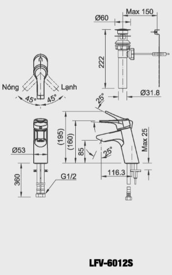 Bản vẽ kỹ thuật Vòi lavabo chậu rửa mặt Inax LFV-6012S nóng lạnh gật gù (LFV6012S)