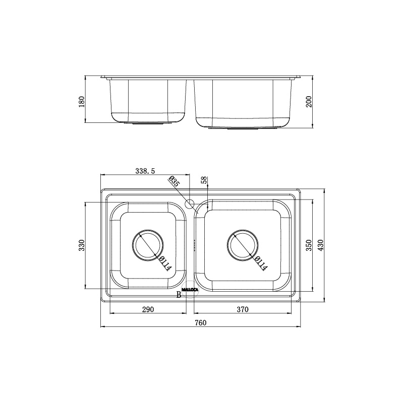 Chậu rửa chén inox Malloca MS 2076E dài 76cm