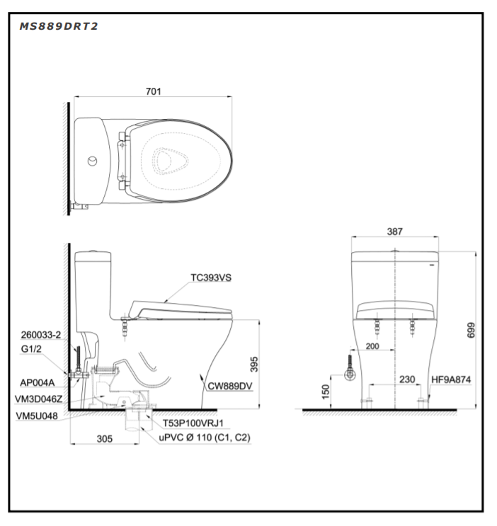 Bản vẽ Bồn cầu 1 khối TOTO MS889DRT8#XW nắp êm sứ chống bám bẩn