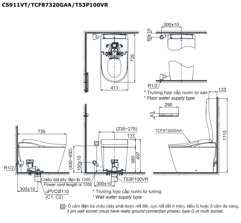 Bản vẽ kỹ thuật Bồn cầu điện tử TOTO CS911VT#NW1/TCF87320GAA#NW1/T53P100VR NEOREST LS
