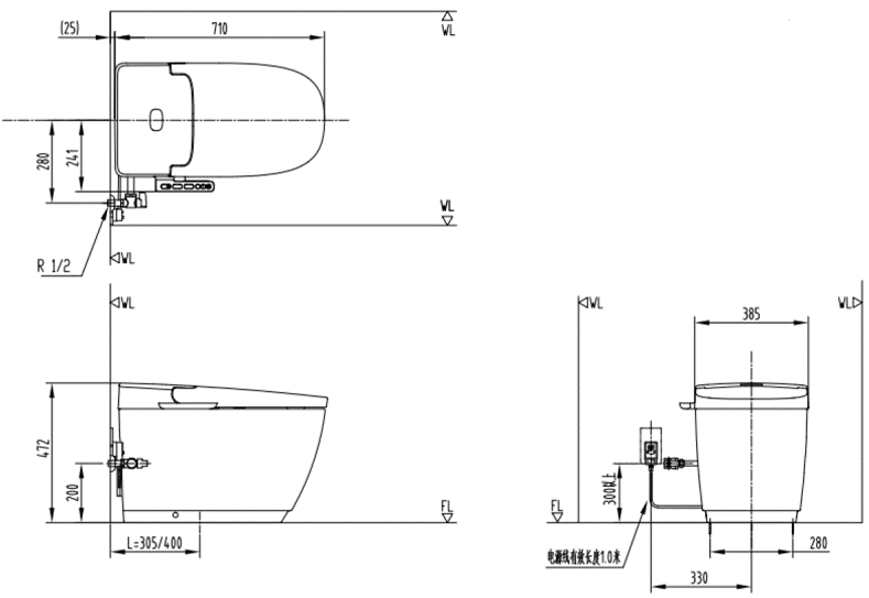 Bản vẽ kỹ thuật Bồn Cầu Thông Minh INAX  AC-816VN SARAS LIGHT E