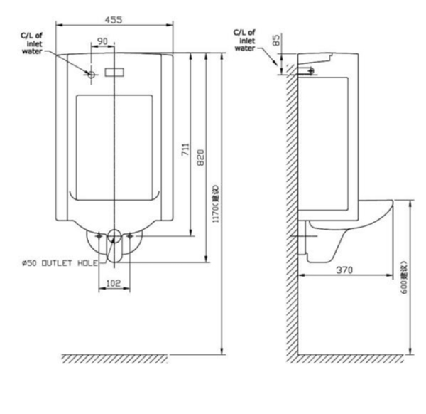 Bản vẽ kỹ thuật Bồn tiểu nam American Standard WP-6506 treo tường + xả tiểu cảm ứng