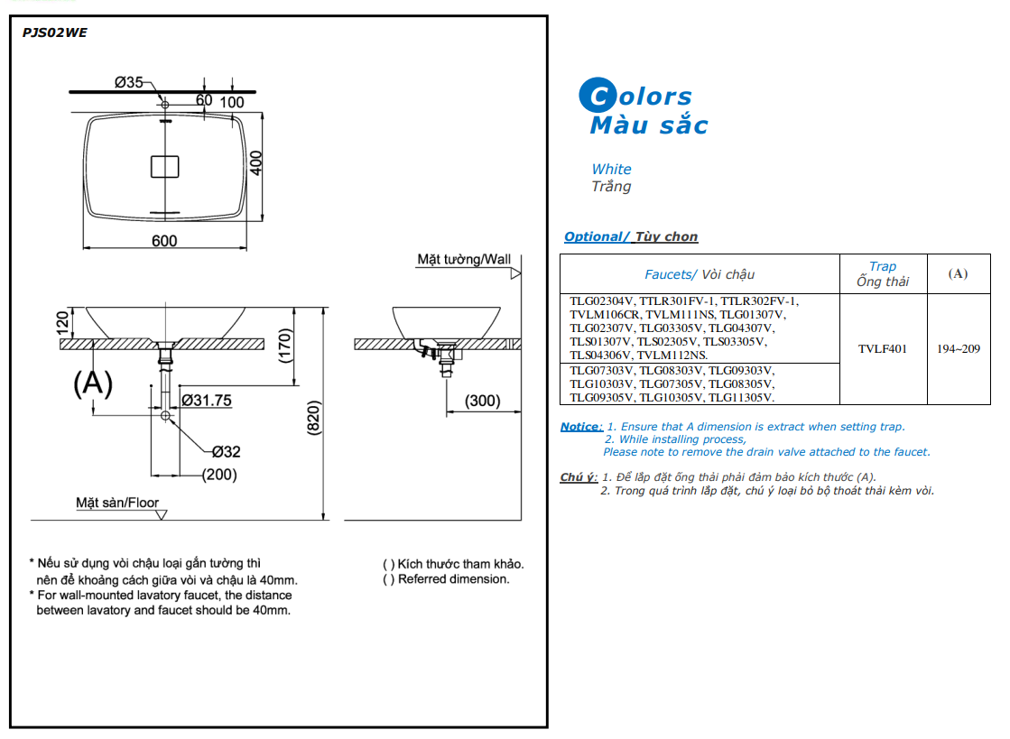 Bản vẽ kỹ thuật Lavabo chậu rửa mặt TOTO PJS02WE#GW đặt bàn