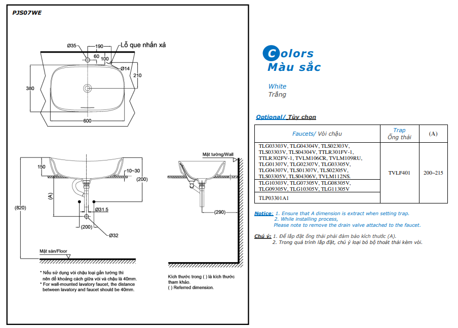 Bản vẽ kỹ thuật Lavabo chậu rửa mặt TOTO PJS07WE#MW đặt bàn: