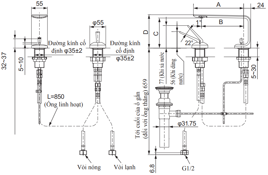 Bản vẽ kỹ thuật Vòi lavabo chậu rửa mặt TOTO TLP02301B nóng lạnh