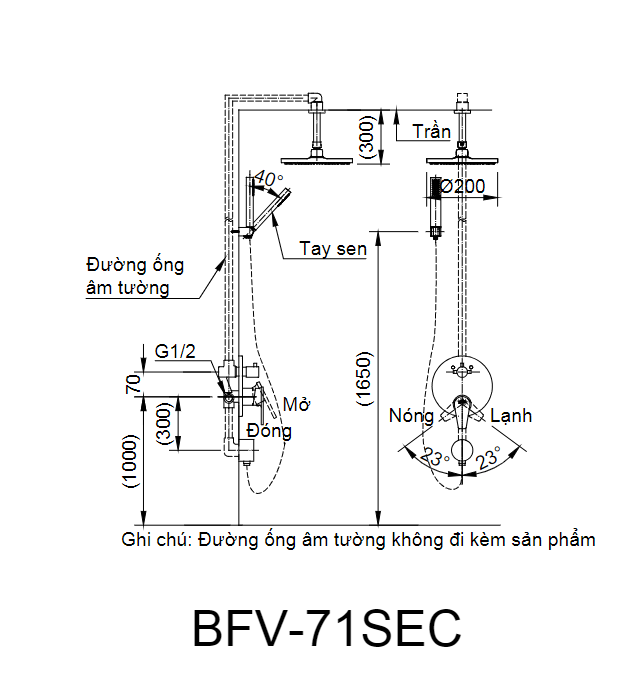 Bản vẽ kỹ thuật Sen tắm đứng âm tường Inax BFV-71SEC nóng lạnh bát sen treo (BFV71SEC)