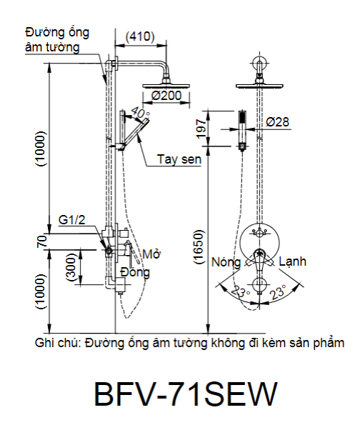 Bản vẽ kỹ thuật Sen tắm đứng âm tường Inax BFV-71SEW (BFV71SEW) nóng lạnh bát sen gắn tường