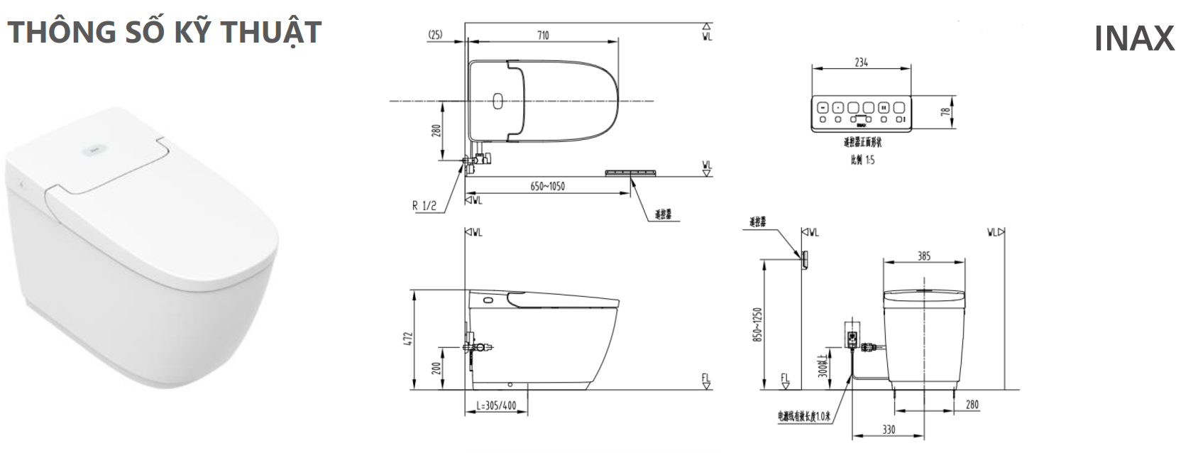 Bản vẽ Kỹ thuật Bồn Cầu Thông Minh INAX AC-819VN/BW1 SARAS Auto Open
