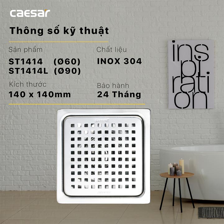 Phễu thoát sàn Caesar ST1414L (thoát Φ90)