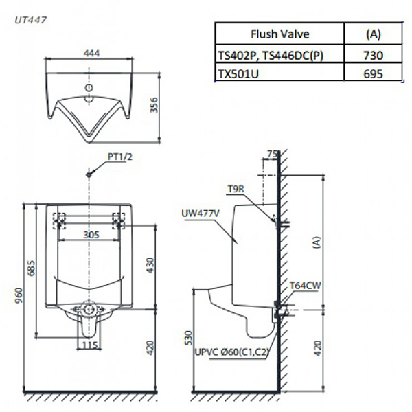 Bản vẽ kỹ thuật Bồn tiểu nam Toto UT447S#W treo tường