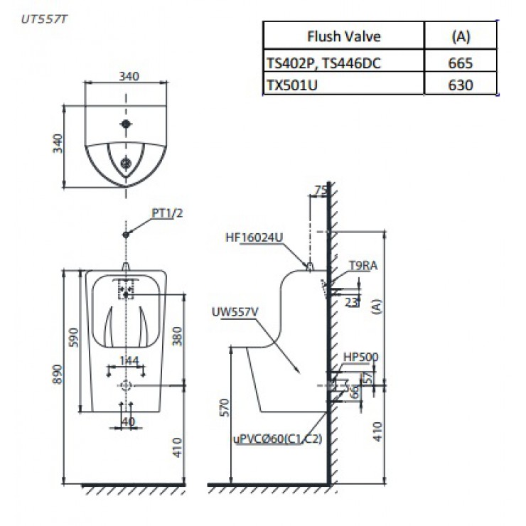 Bản vẽ kỹ thuật Bồn tiểu nam Toto UT557#XW treo tường