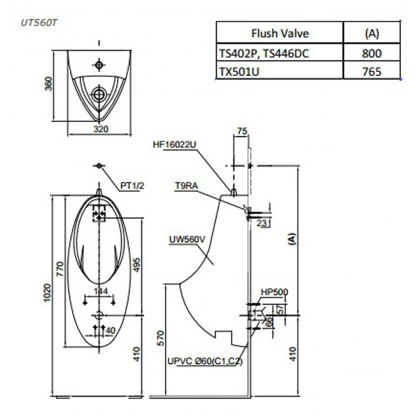 Bản vẽ kỹ thuật Bồn tiểu nam TOTO UT560T treo tường sứ chống bám bẩn