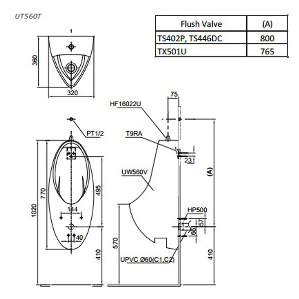 Bản vẽ kỹ thuật Bồn tiểu nam Toto UT560T treo tường sứ chống bám bẩn