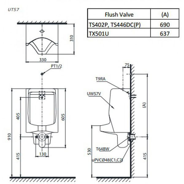 Bản vẽ kỹ thuật Bồn tiểu nam Toto UT57S#W treo tường