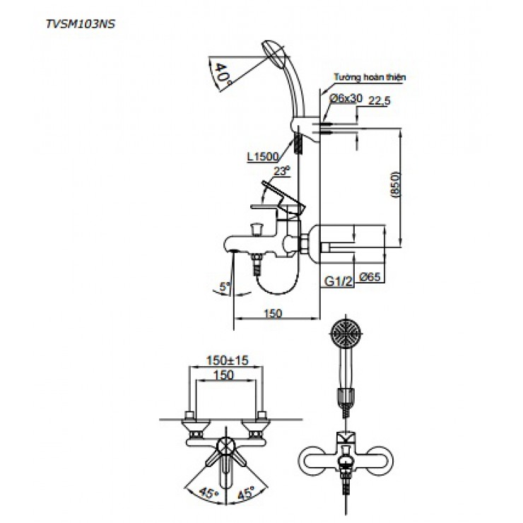 Bản vẽ kỹ thuật Vòi sen tắm TOTO TVSM103NSS nóng lạnh