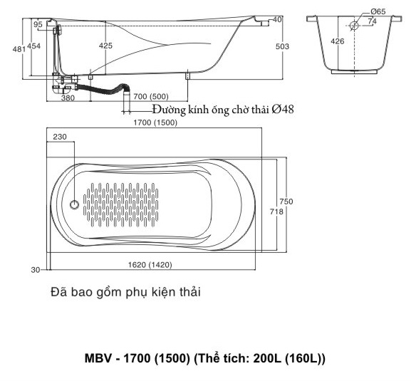 Bồn tắm xây Inax MBV-1700 dài 1m7 (MBV1700)