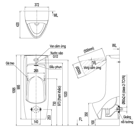 Bồn tiểu nam Inax ASU-500V treo tường cảm ứng AquaCeramic (ASU500V)