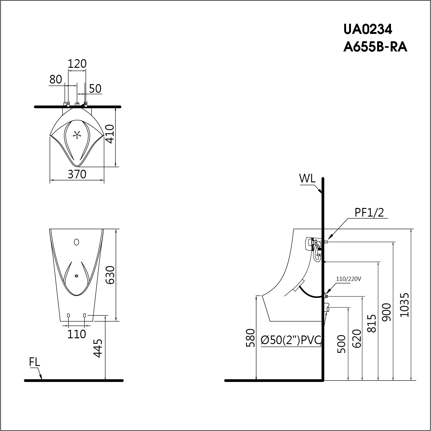 Bồn tiểu nam Caesar UA0234 treo tường xả tiểu cảm ứng