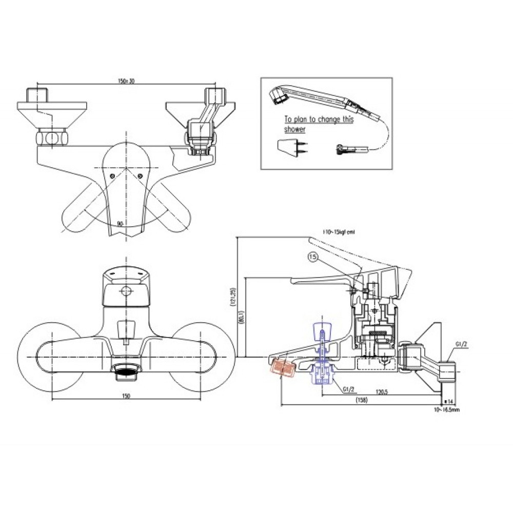 Bản vẽ kỹ thuật Vòi sen tắm nóng lạnh Inax BFV-1003S-1C tay sen si (BFV1003S-1C)