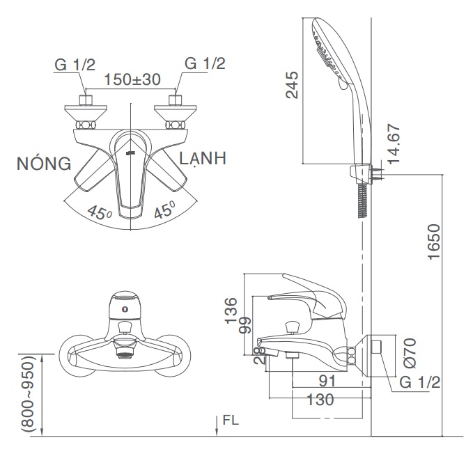 Bản vẽ kỹ thuật Vòi sen tắm nóng lạnh Inax BFV-3003S-3C tay sen đa chức năng (BFV3003S-3C)