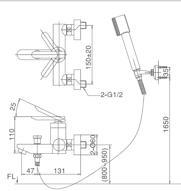 Bản vẽ kỹ thuật Vòi sen tắm nóng lạnh Inax BFV-4000S-5C tay sen Ecoful (BFV4000S-5C)