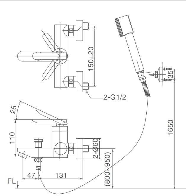 Bản vẽ kỹ thuật Vòi sen tắm nóng lạnh INAX BFV-4000S tay sen si (BFV4000S)