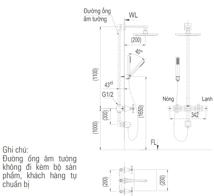 Bản vẽ kỹ thuật Sen tắm đứng âm tường Inax BFV-81SEHC nóng lạnh (BFV81SEHC)