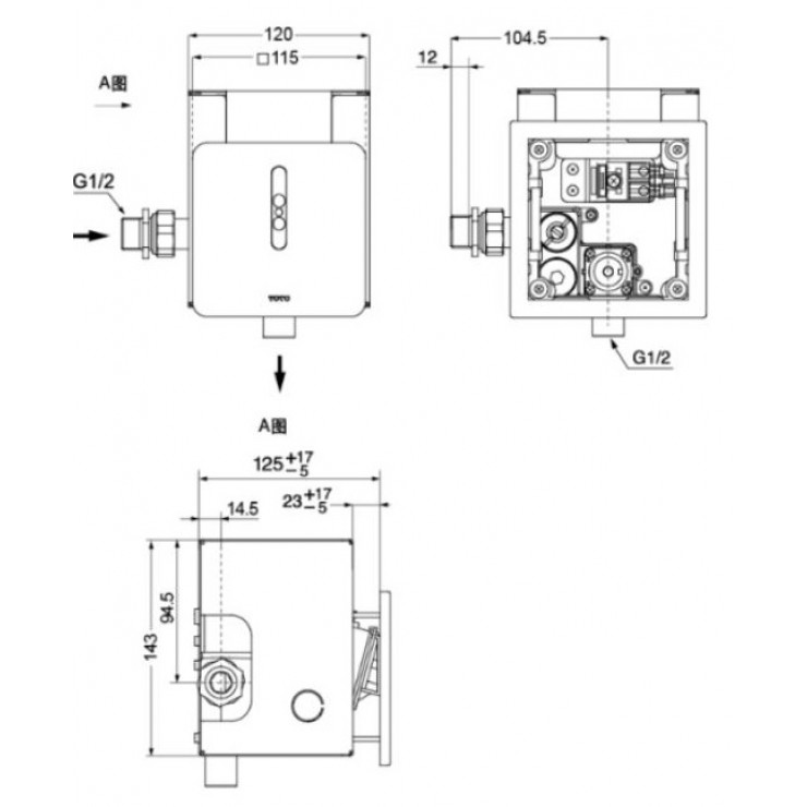 Bản vẽ kỹ thuật Xả tiểu Toto DUE126UE/UK cảm ứng từ âm tường