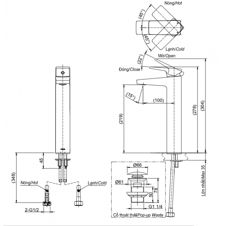 Bản vẽ kỹ thuật Vòi lavabo chậu rửa mặt TOTO TVLM109RU nóng lạnh