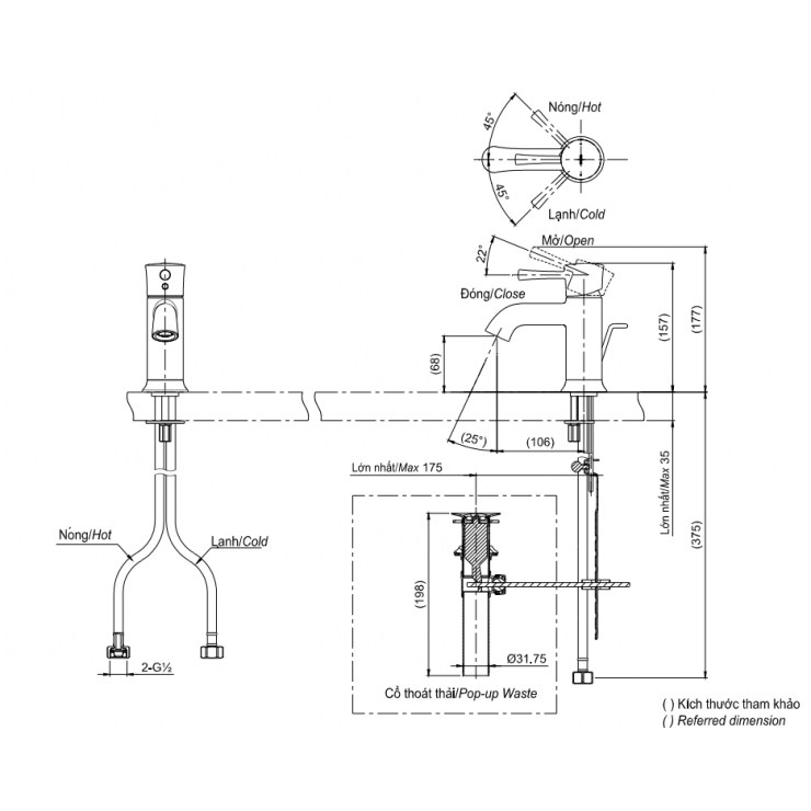 Bản vẽ kỹ thuật Vòi lavabo chậu rửa mặt TOTO TLS02301V nóng lạnh