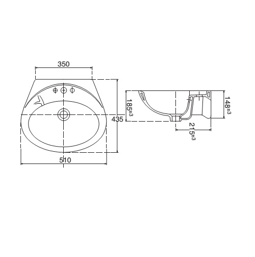 Bản vẽ kỹ thuật Lavabo chậu rửa mặt Viglacera VTL2 treo tường