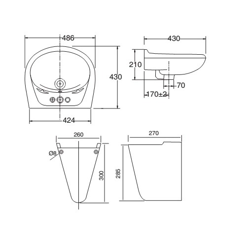 Bản vẽ kỹ thuật Lavabo chậu rửa mặt Viglacera VTL3 treo tường