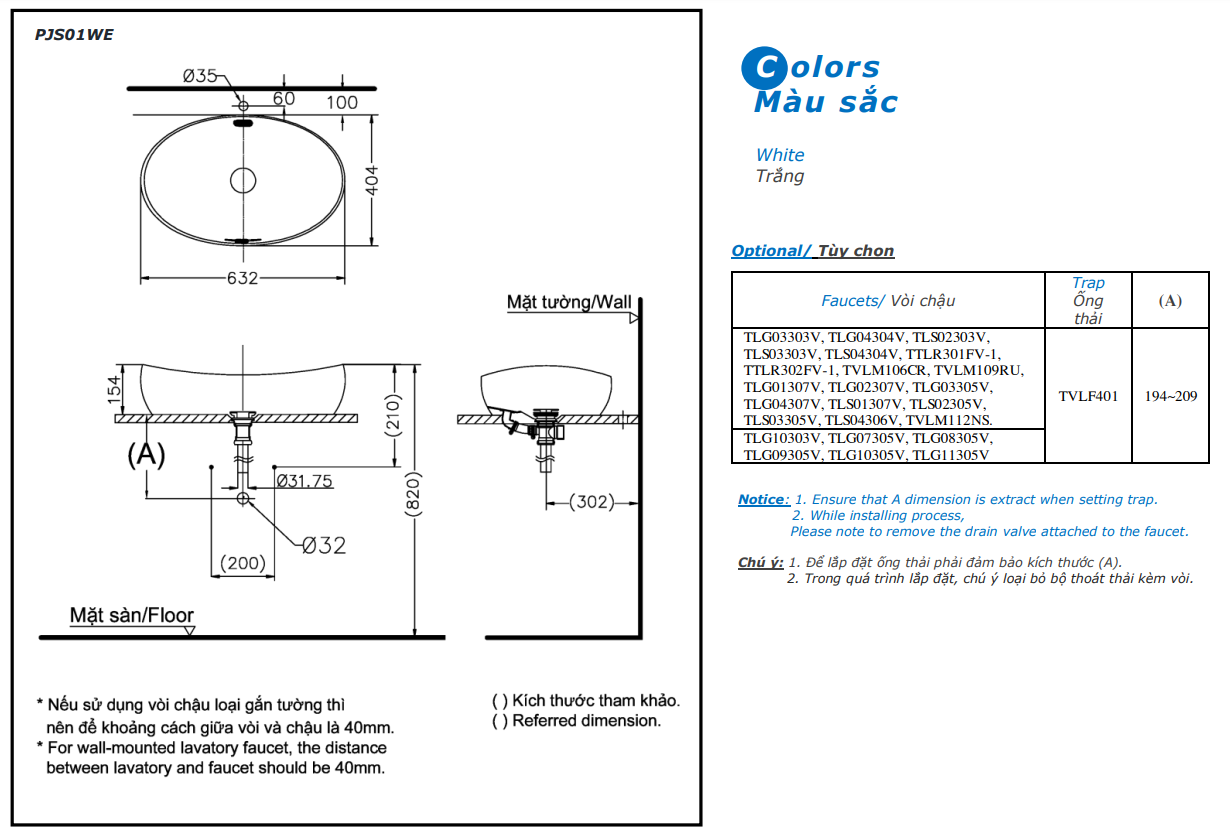 Bản vẽ kỹ thuật Lavabo chậu rửa mặt TOTO PJS01WE#MW đặt bàn