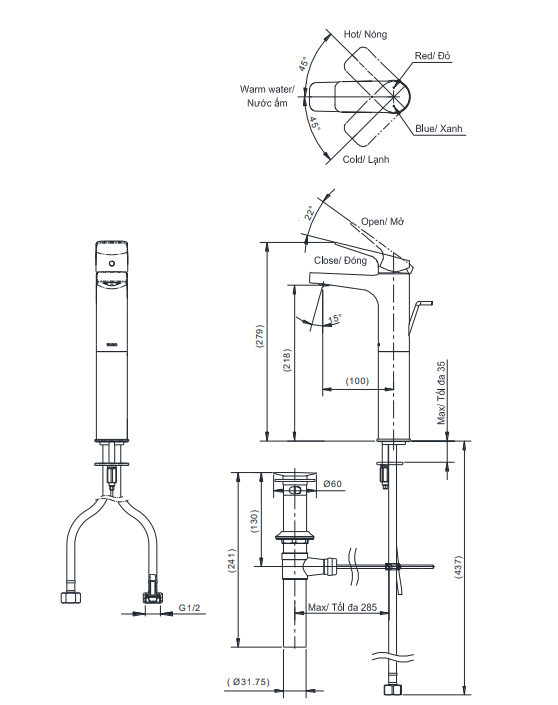 Bản vẽ kỹ thuật Vòi lavabo chậu rửa mặt Toto TTLR302FV-1R nóng lạnh cổ cao