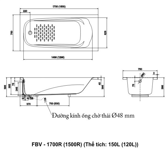 Bồn tắm xây Inax FBV-1700R dài 1m7 (FBV1700R)