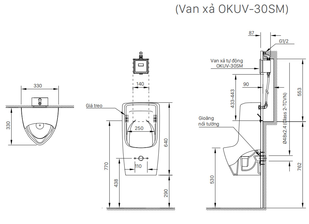 Bản vẽ kỹ thuật Bồn tiểu nam INAX AU-431VAC treo tường sứ chống bám bẩn AquaCeramic xả âm tường (AU431VAC)
