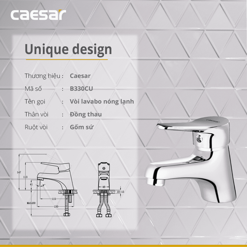 Vòi lavabo chậu rửa mặt Caesar B330CU nóng lạnh kèm nút xả nhấn