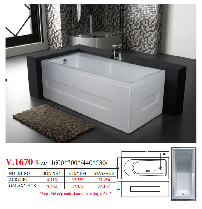 Bồn tắm dài Việt Mỹ V.1670 dài 1m6