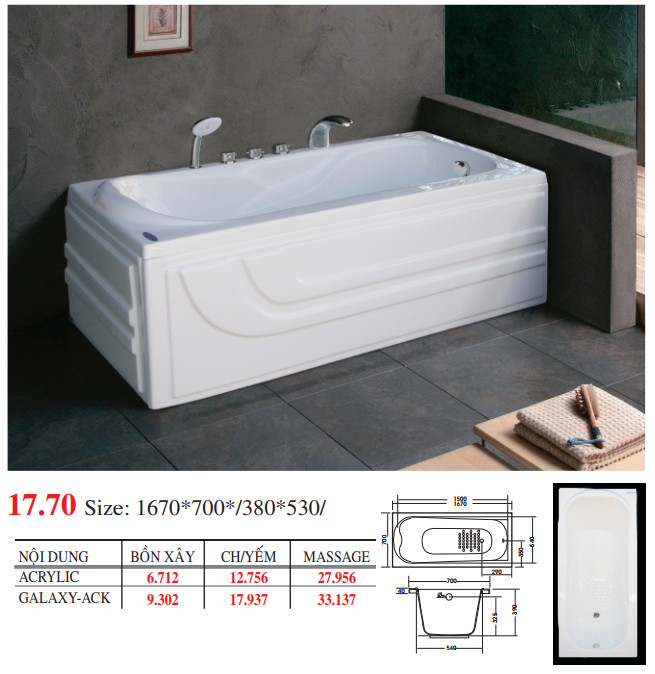 Bồn tắm dài Việt Mỹ 17.70 dài 1m67