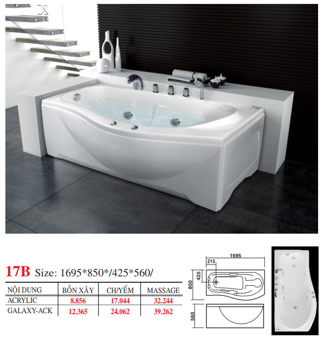 Bồn tắm dài Việt Mỹ 17B dài mài 1m69