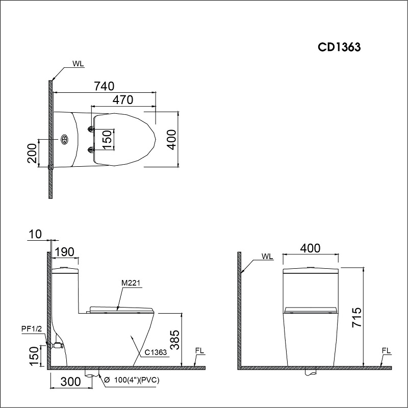 Bản vẽ kỹ thuật Bồn 1 khối Caesar CD1363