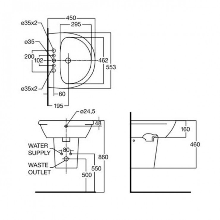 Lavabo chậu rửa mặt American Standard 0953-WT treo tường + chân ngắn 0712-WT