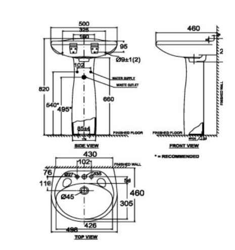Bản vẽ Lavabo chậu rửa mặt American Standard VF-0969.3H treo tường + chân dài VF-0901