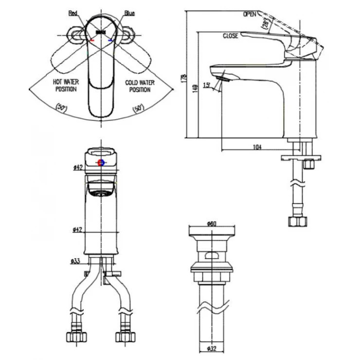 Bản vẽ Vòi lavabo chậu rửa mặt Inax LFV-1402S-R nóng lạnh gật gù (LFV1402S-R)